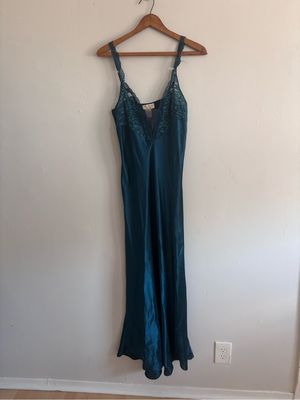 Vintage 80s Victoria's Secret Jade Teal Maxi Slip Dress Gown Size large